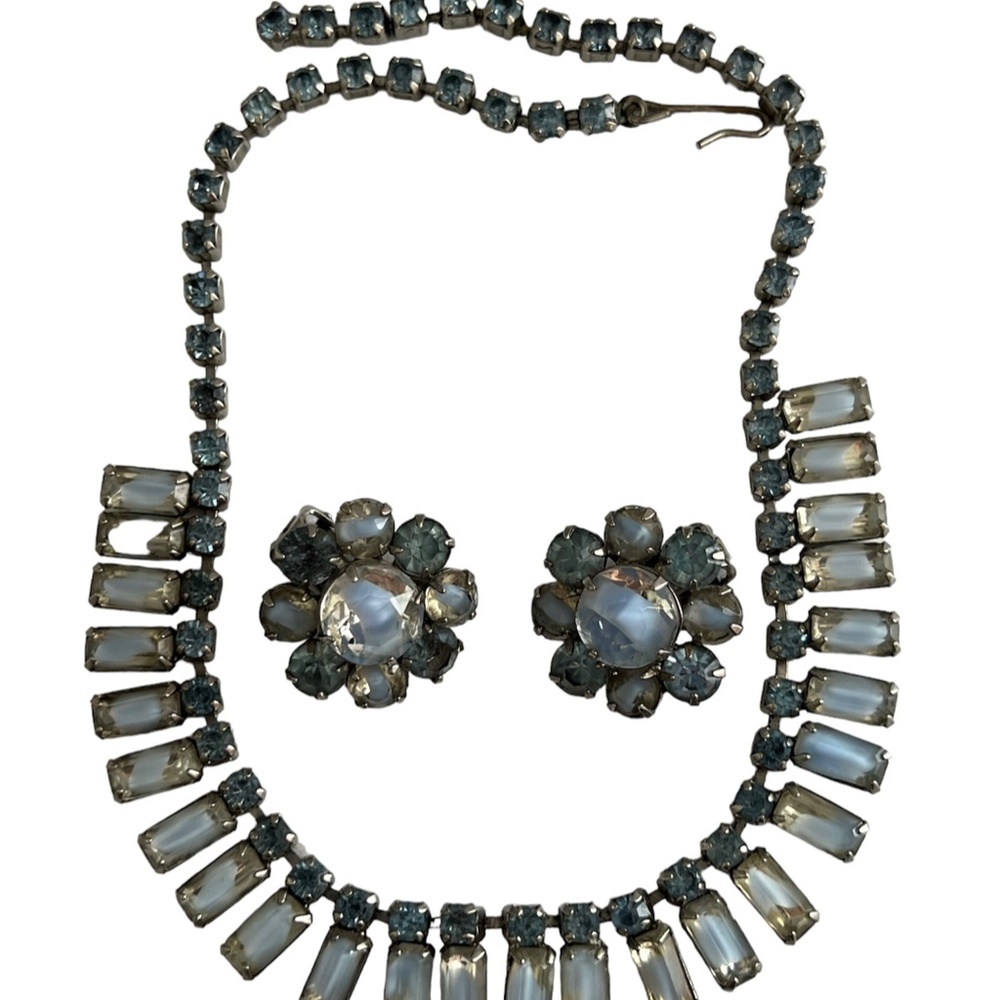 Vintage Necklace Earrings Blue Givre Glass Rhinestone Semi Parure Jewelry Set